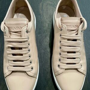 Prada Nude Patent Leather Low Top Sneakers